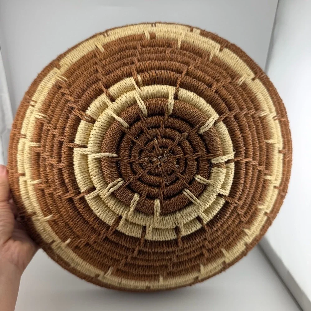 Handwoven Coiled Basket Bowl Brown Cream Boho Wall Decor Excellent
